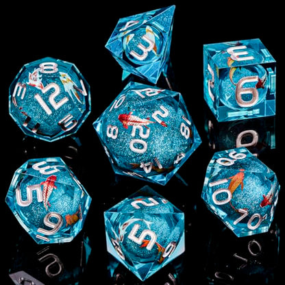 ARUOHHA Liquid Core DND Dice Set, 7pcs Resin Blue Sharp Edged Dragons Dice Compatible with D&D Role Playing Games, Handmade RPG Koi Fish Dungeons Polyhedral Dice Set D20 D12 D10 D8 D6 D4 - color: Hy-blue
