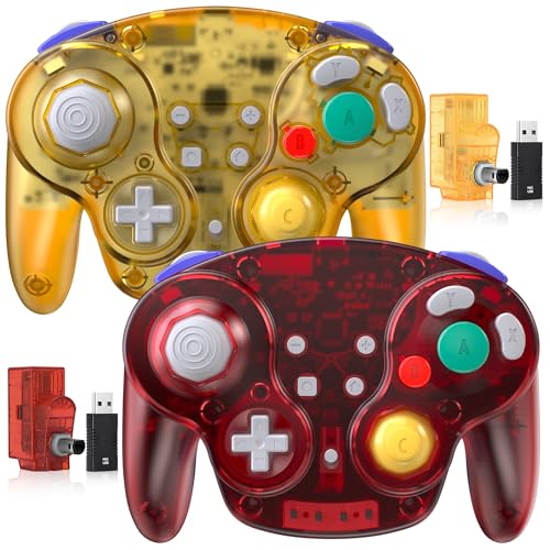 2 Pack Wireless GameCube Controller for Switch 1/2, NGC Console, 2.4 GHz | (Built-in Vibration) (Rechargeable) (Analog Triggers / Stick), Compatible with Switch Online, Windows PC, macOS - color: Two Pack Clear Yellow/Red