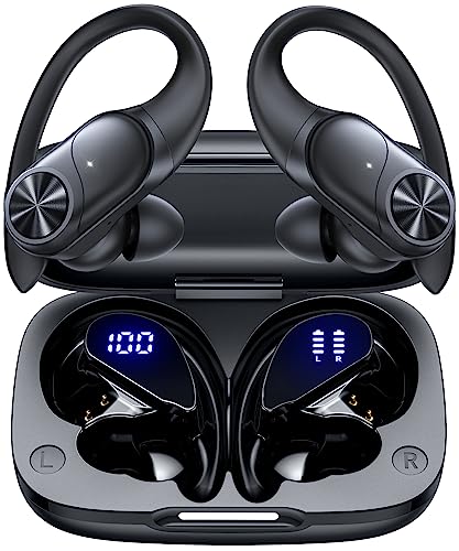 PocBuds Bluetooth Headphones Wireless Earbuds 80hrs Playtime Wireless Charging Case Digital Display Sports Ear Buds with Earhook Deep Bass IPX7 Waterproof Over-Ear Earphones for TV Phone Laptop Black - color: Black, style: Standard