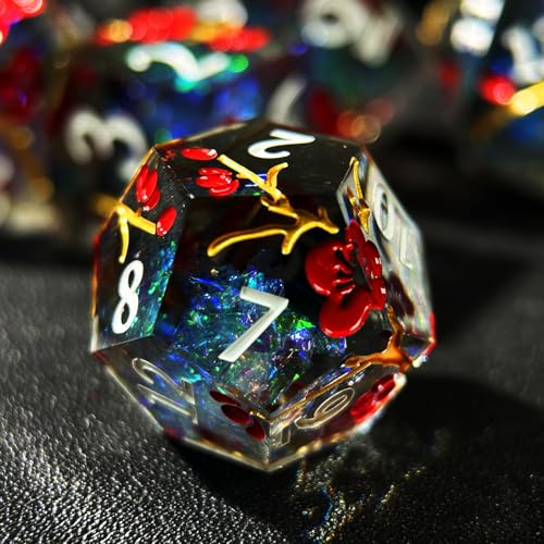 HAOMEJA Resin Flower Dice Set 7pcs/ Sharp Edged Polyhedral Dice/Apply to D&D/DND/RPG-MTG/Role Playing Table Game/Easter/Halloween Party Gift (Transparent Black) - color: 7 Transparent Black