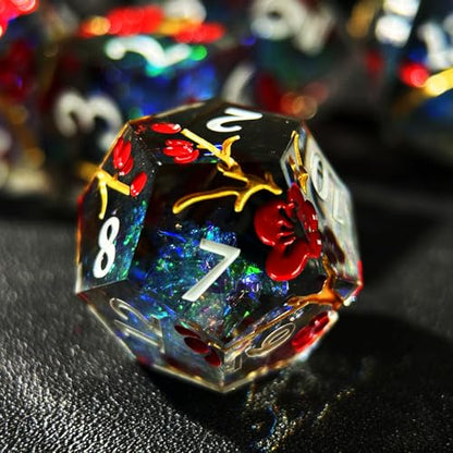 HAOMEJA Resin Flower Dice Set 7pcs/ Sharp Edged Polyhedral Dice/Apply to D&D/DND/RPG-MTG/Role Playing Table Game/Easter/Halloween Party Gift (Transparent Black) - color: 7 Transparent Black