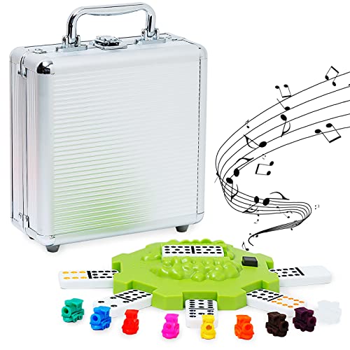 Yinlo Mexican Train Domino Set, Double 12, 91 Tiles, Colored Dots | Dominoes Set for Travel, Real Train Sound Effect Hub, Score Pad and 9 Colorful Trains, Travel Game Set with Aluminum Case - style: Dot with Green Hub