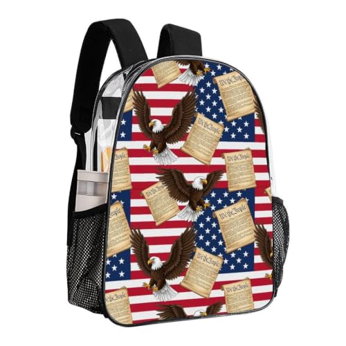 Teddy Bear Printed Clear PVC Backpack Stadium Security Approved | Heavy Duty, American Flag Patriotic USA Bald Eagle And Book Art, See Through Daypack - color: Pattern (835)
