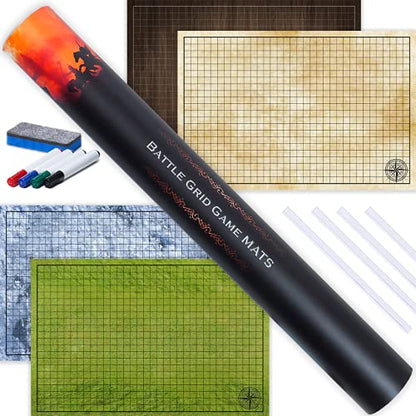 Tidyboss d&d Starter Set | 2 X Double Sides 4 Terrains 24x 36 Game Grid Mat | DND Accessories Includes Dry Erase Markers, Eraser and Clips - color: 2-pack