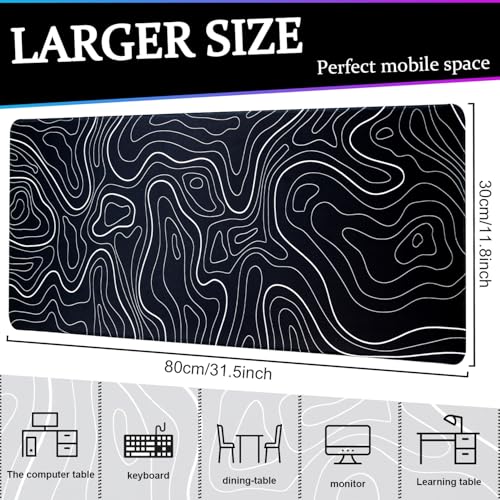 Mouse Pad Gaming Mousepad, 31.5 x 11.8in Large Desk Mat Keyboard Pads Extend Long XL Mouse Mat with Non-Slip Base Desk Accessories for Home Office Keyboard Mouse (Black Topographic) - color: Black Topographic