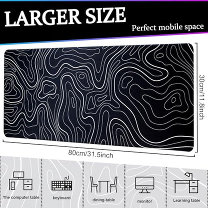 Mouse Pad Gaming Mousepad, 31.5 x 11.8in Large Desk Mat Keyboard Pads Extend Long XL Mouse Mat with Non-Slip Base Desk Accessories for Home Office Keyboard Mouse (Black Topographic) - color: Black Topographic