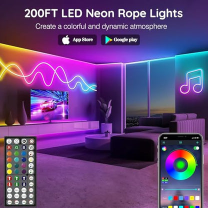 200 FT neon Rope Light, Bendable LED Rope Light, Multi-Mode Rope Light, IP65 Outdoor RGB LED neon Waterproof Light, Music Synchronized Game LED neon Light Strip for Bedroom Decoration