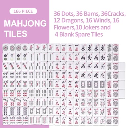 TIASUSAN American Mahjong Tile Set, 166 Pink Tiles, Bag and Mahjong Accessories, 4 All-in-One Rack/Pushers, Mahjong Set Complete - color: Pink