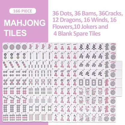 TIASUSAN American Mahjong Tile Set, 166 Pink Tiles, Bag and Mahjong Accessories, 4 All-in-One Rack/Pushers, Mahjong Set Complete - color: Pink