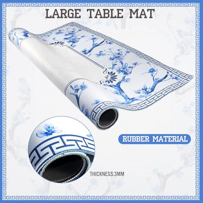 Chinoiserie Mahjong Mat with Carrying Bag,Rubber Anti Slip and Noise Reduction Multi Purpose Game Table Cover for Card, Board Tile Games 31.5" x 31.5" Blue - color: Blue