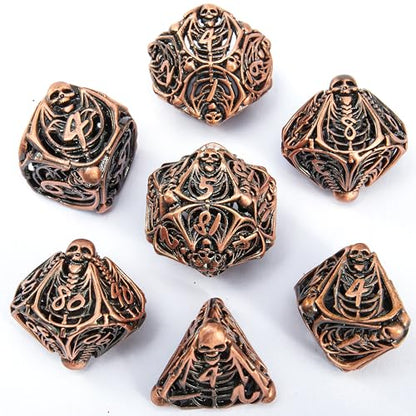 Metal Skull Dice Set Hollow Multi-Sided Dungeons & Dragons Dice 7CPS Role-Playing Dice Set with Flannel Bag Suitable for D&D Board Game Cards(Antique red Copper) - color: Antique Red Copper