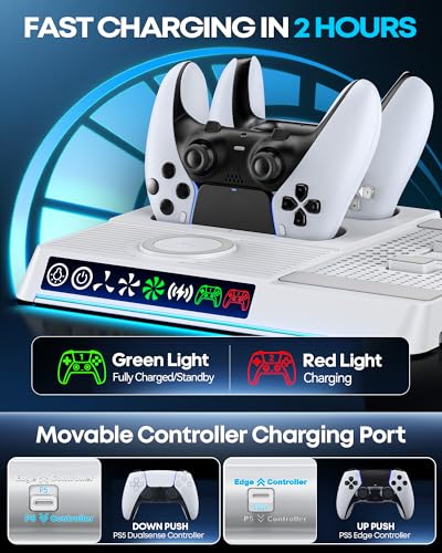 PS5/Slim/Pro Cooling Station with Wireless Charging & Dual Controller Dock | Wireless Phone Charger, 2.5H Fast Charging Base for DualSense & Edge Controller, 3‑Speed Fan, 9-color RGB PS5 Vertical Stand