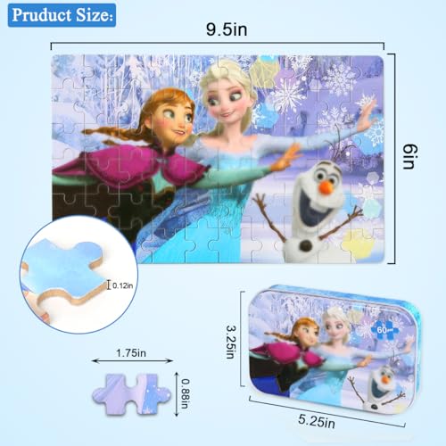 Puzzles for Kids Ages 4-8,Kids Puzzls in a Metal Box,Winter Princess Snowman Small Puzles,Kid Boys Girls Learning Educational Puzzle Packed in Tin Box,60 Pieces - color: Princess60