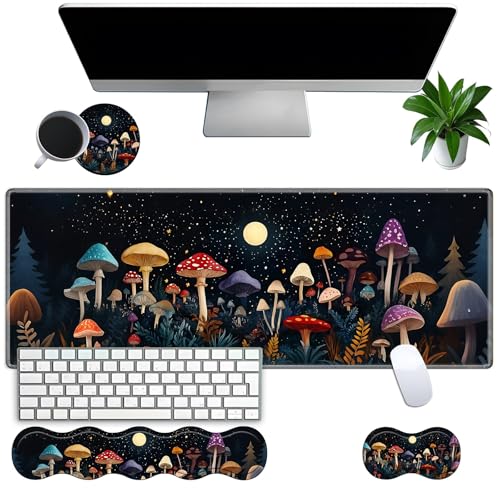 Large Gaming Mouse Pad Set with Wrist Support – 31.5" x 11.8" 4-in-1 XXL Mousepad with Keyboard Wrist Rest, Mouse Wrist Rest & Coaster – Ergonomic Desk Mat for Office, Home – Mushroom - color: Mushroom