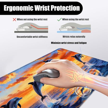 Mouse Pad,Large Desk Mat Set, 4in1 XL Mousepad + Keyboard Wrist Rest+Mouse Wrist Rest+Coaster with Ergonomic Desk Pad for Home Office Table Computer Cover -Dolphin Jumping Ocean Sunset Beach - color: Dolphin Jumping Ocean Sunset Beach