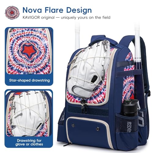 KAVIGOR Baseball Bag for Youth | Softball Backpack 50L Large Capacity with Shoe Compartment and 4 Bat Holders | Nova Flare Series - color: Blue