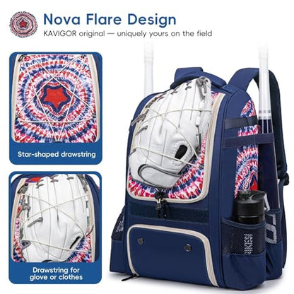KAVIGOR Baseball Bag for Youth | Softball Backpack 50L Large Capacity with Shoe Compartment and 4 Bat Holders | Nova Flare Series - color: Blue