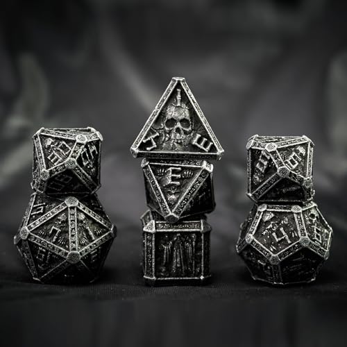 Metal DND Dice Set for D&D Dungeons and Dragons RPG Game Skull Wizard Theme Polyhedral Dice with Metal Gift Box for Dice Goblin Collectable Unique Skeleton Halloween Accessories (Black) - color: Black