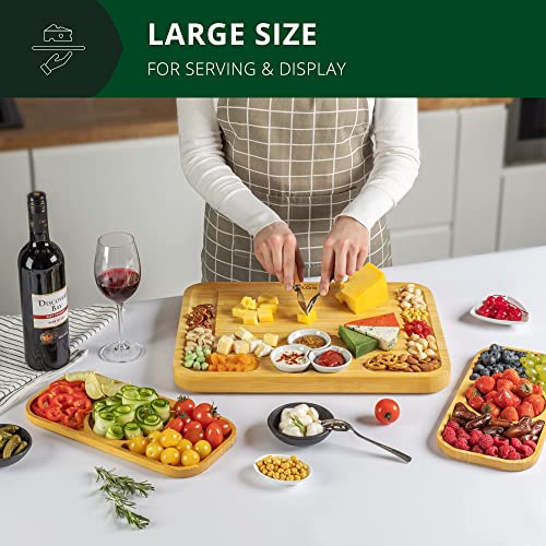 ROYAL CRAFT WOOD Bamboo Cheese Board and Knife Set with Charcuterie Board & Serving Tray with Appetizer Plates & Side Trays (17.5 x 13) - style: 5-6 Guests