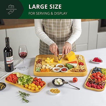 ROYAL CRAFT WOOD Bamboo Cheese Board and Knife Set with Charcuterie Board & Serving Tray with Appetizer Plates & Side Trays (17.5 x 13) - style: 5-6 Guests