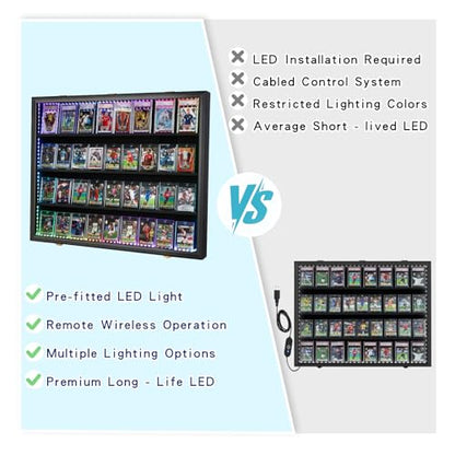 VERANI 36 LED Graded Sports Baseball Card Display Case Wall Mount Black | Large 36-slot inner space,Built-in soft LED light strips,Fully sealed dustproof structure,Wall mount vertical design - size: Large-Horizontal-Black-with LED