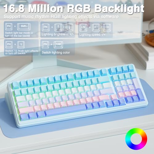 AULA F99 Wireless Mechanical Keyboard,Triple-Mode(BT5.0/2.4GHz/USB-C),Gasket Mounted Creamy Keyboard with Linear Switches, Side Printed PBT Keycaps,RGB Backlit PC Gaming Keyboards for Win/Mac - color: Blue Purple