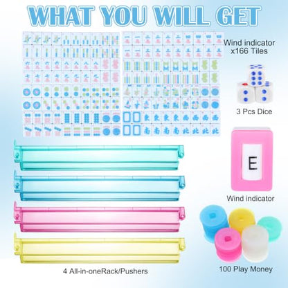 Ceenna American Mahjong Tile Set, 166 Tiles, 4 All-in-one Rack/Pushers, Complete Western Mahjong Set with Carrying Bag(Blue,Elegant) - color: Blue, style: Elegant