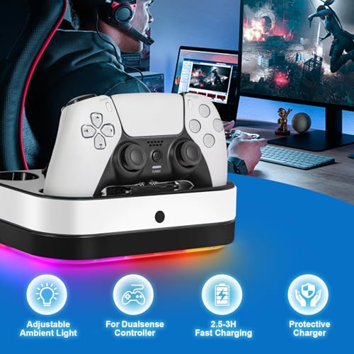 Puning PS5 Controller Charger Station,Fast Charging Dual PS5 Controller Stand Compatible with PlayStation 5 Dualsense Edge Gamepad & 9 RGB LED Lights and Cable