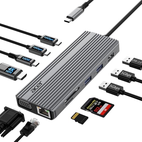 Acer 11 in 1 USB C HUB Multiport Adapter 10Gbps, 4K@60Hz HDMI for Laptop | USB C Docking Station with 2×USB C 3.2 & 2×USB A 3.0 Data Port, 100W PD Port, 1Gbps Ethernet, 1080P VGA, SD/TF, 0.65ft - size: 0.65ft