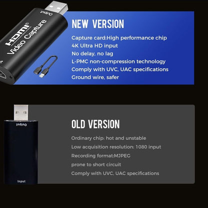 4K HDMI Video Capture Card USB 2.0 1080P for Streaming, Live Broadcast, Video Conferencing, Teaching and Gaming, with Extension Cord