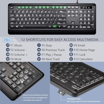 KOPJIPPOM Large Print Backlit Keyboard, USB Wired Computer Keyboard, Full Size Keyboard with White Illuminated LED Compatible for Windows Desktop, Laptop, PC, Gaming, Black