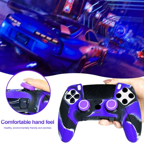 Purple Black Anti-Slip Controller Skin,Studded Edition Protective Silicone Cover Skin Grips Compatible with ps5 dualsense Edge and 6 PCS Thumb Grips Caps. - color: Purple Black