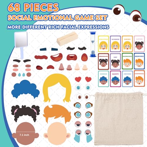 PP OPOUNT Social Emotional Learning Toy, Funny Faces Games | with 53 PCS Facial Expressions and 12 Emotional Flashcards, Preschool Learning Activities Toy to Express Emotions for Kids - style: 2