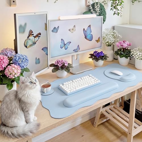 Sabary Scalloped Desk Mat Keyboard Mouse Pad Set 31.5 x 15.7 Inch Blue Table Mat Keyboard Wrist Rest Cute Preppy Mouse Pad with Wrist Rest Coaster Ergonomic Non-Slip Waterproof Gaming Desk School - color: Blue, size: 31.5 x 15.7 Inch