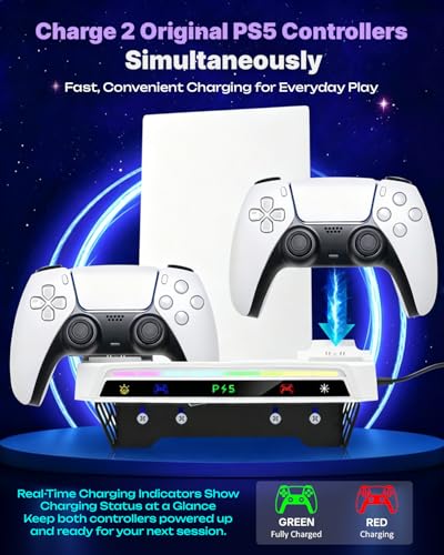 Sehawei Wall Mount for PS5/PS5 Slim/PS5 Pro Console, RGB Light Dock | Dual Controller Charging Station with Headset Holder, Compatible with Disc & Digital Editions, Space-Saving Gaming Organizer