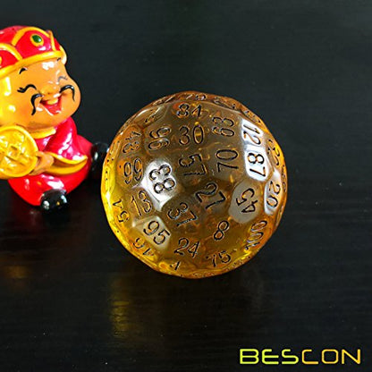 Bescon Translucent Polyhedral Dice 100 Sides Dice, Transparent D100 die, 100 Sided Cube, D100 Game Dice,100-Sided Cube of Amber - color: Amber D100