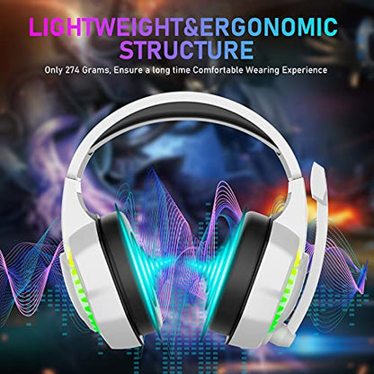 Wired Gaming Headset with Rainbow RGB Backlight Retractable Noise Isolating Microphone Stereo Sound Deep Bass Memory Foam Earmuff Over Ear Headphone for PS4 Xbox One Switch PC Mac Gamer Music (White) | Retractable,Noise Isolating Microphone,Stereo Sound,D
