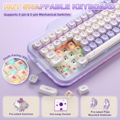 YUNZII C98 Cute Cake Wireless Mechanical Keyboard (Purple, Candy Switch) | 99 Keys with Number Pad, Hot Swap, PBT MOA Keycaps, BT5.0/2.4G/USB-C, Gasket Mount, Custom RGB Backlit for Win/Mac - color: Purple, size: Candy Linear Switch