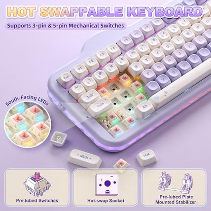 YUNZII C98 Cute Cake Wireless Mechanical Keyboard (Purple, Candy Switch) | 99 Keys with Number Pad, Hot Swap, PBT MOA Keycaps, BT5.0/2.4G/USB-C, Gasket Mount, Custom RGB Backlit for Win/Mac - color: Purple, size: Candy Linear Switch