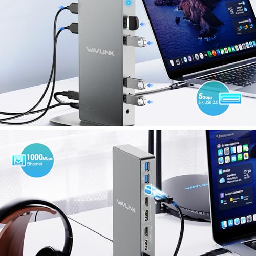 WAVLINK Pro Dual 4K@60Hz Universal Docking Station | USB 3.0/USB-C Laptop Dock for Mac & Windows | 2 HDMI/DP Monitors, Gigabit Ethernet, 6 USB 3.0 | Home Office & Multi-Screen Productivity. - color: 69DK11