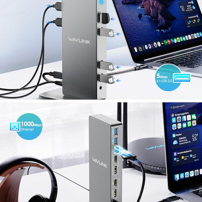 WAVLINK Pro Dual 4K@60Hz Universal Docking Station | USB 3.0/USB-C Laptop Dock for Mac & Windows | 2 HDMI/DP Monitors, Gigabit Ethernet, 6 USB 3.0 | Home Office & Multi-Screen Productivity. - color: 69DK11