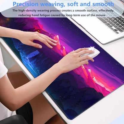 Purple Mountain Desk Mat, Night Sky Large Gaming Mouse Pad 31.5x15.7 in | Aesthetic purple starry night desk pad with comfortable 3mm cushion, smooth fabric top, and non-slip rubber base. - color: Anime Art Scenery1