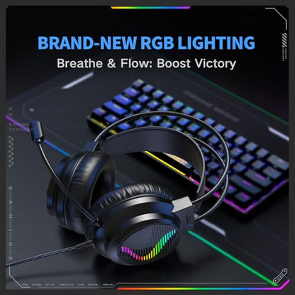 J11 Gaming Headset with Microphone, Noise Cancelling Gaming Headphones Compatible with PS4 PS5 Xbox One PC Laptop, Over-Ear Headset with LED RGB Light, 7.1 Stereo Surround Sound (Black) - color: Black