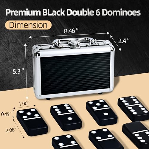 Doublefan Jumbo Black Double Six Dominoes for Adults, with Aluminum Case | 28 Black Jumbo Size Pieces, recessed markings, Carry Aluminum case, for 2-4 players, board game, Parent Gift choice