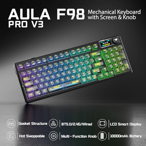 Aula F98Pro V3 Wireless Mechanical Keyboard with Screen & Knob,Tri-Mode Hot Swappable Computer Keyboards,10000mAh Battery,Clear Keycaps RGB Backlit Gasket Mount Black Gaming Keyboard for PC/Office - color: Black