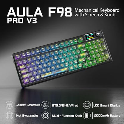 Aula F98Pro V3 Wireless Mechanical Keyboard with Screen & Knob,Tri-Mode Hot Swappable Computer Keyboards,10000mAh Battery,Clear Keycaps RGB Backlit Gasket Mount Black Gaming Keyboard for PC/Office - color: Black