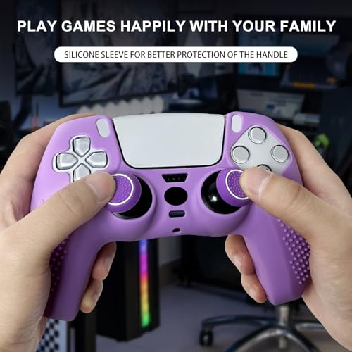 Anti-Slip Purple Controller Skin,Studded Edition Protective Silicone Cover Skin Grips Compatible with PS5/Slim/Pro Controller and 6 PCS Thumb Grips Caps. - color: Purple
