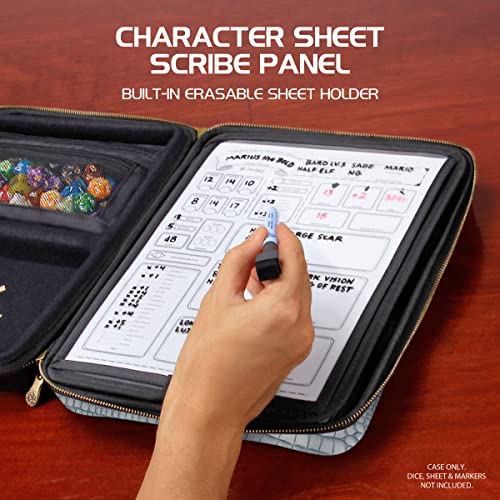 ENHANCE RPG Organizer Case - DnD Binder with Built-in Character Sheet Holder and Erasable Scribe Panel, Dice Rolling Area, Removable Pen Pouch, Miniature Foam Tray, Wrist Strap - color: Dragon Silver