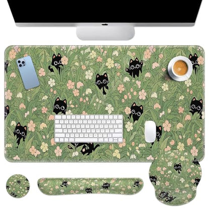 Arttown Cute Black Cat Desk Mat Pink Flower Green Leaves Mouse Pad Set 4 in 1 Ergonomic Design Large Desk Pad + Keyboard Wrist Rest + Mouse Wrist Rest + Coaster Suitable for Home Office Study Game - color: Black Cats