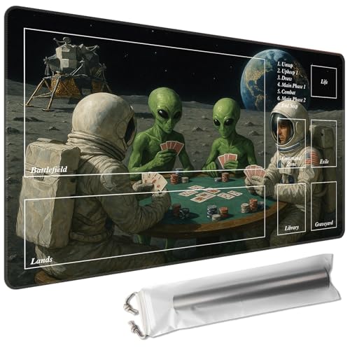 for TCG/MTG Playmat 24 x 14in with Zones Including Storage Bag | Smooth Surface & Non-Slip Rubber Backing | Stitched Edge Desk Pad & Card Game Mat, Astronauts Play Poker - color: Astronauts Play Poker, size: 24"×14"With Zones